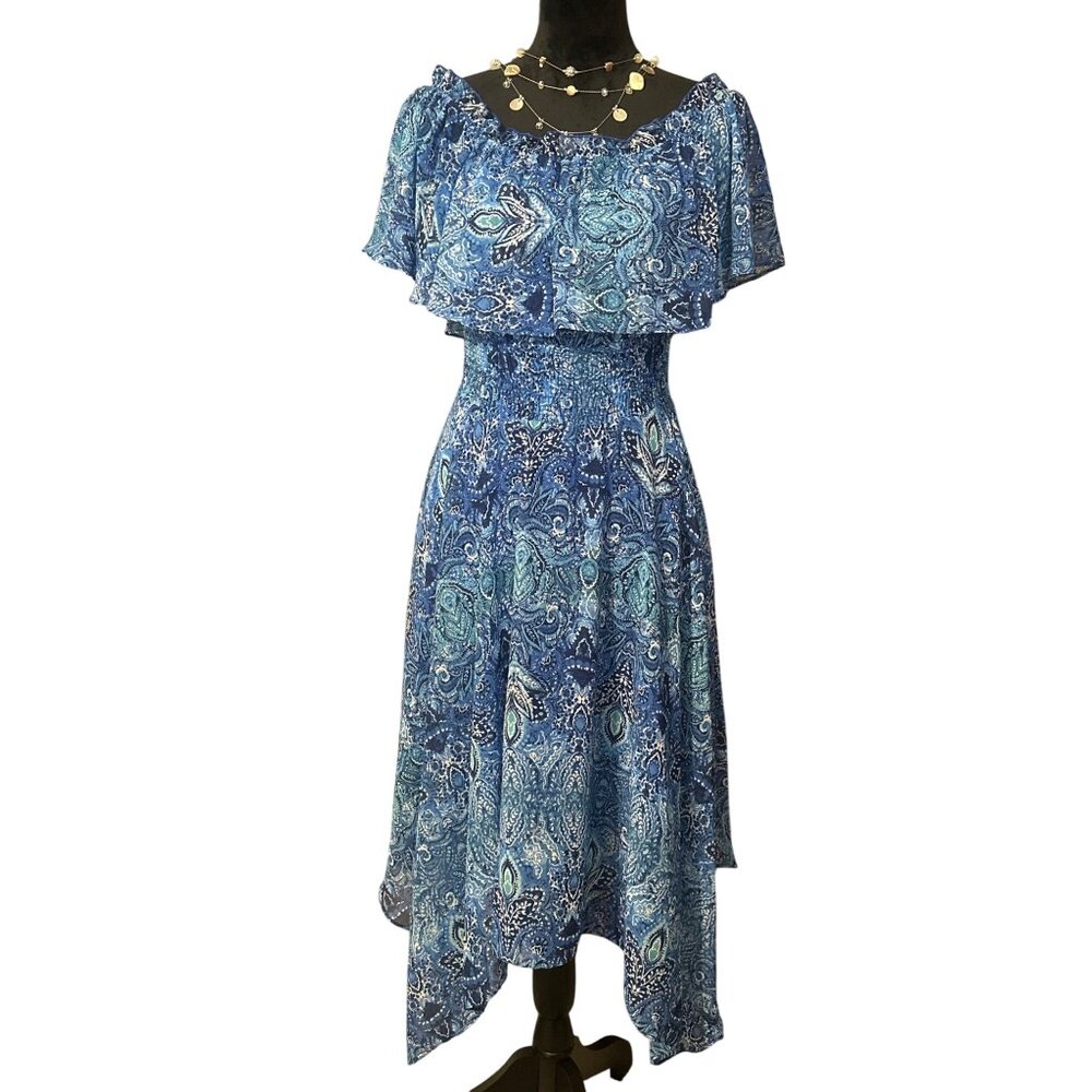 Chris McLaughlin Blue Paisley Off-Shoulder Smocked Midi Dress Size 10